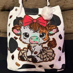 Sequin Cow Tote Bag for Kids - White with Pink Bow